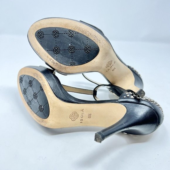 Isola Ivalee Gold Stud Black Leather T Strap Heels Dress Evening Prom Size 6.5M - Picture 5 of 8